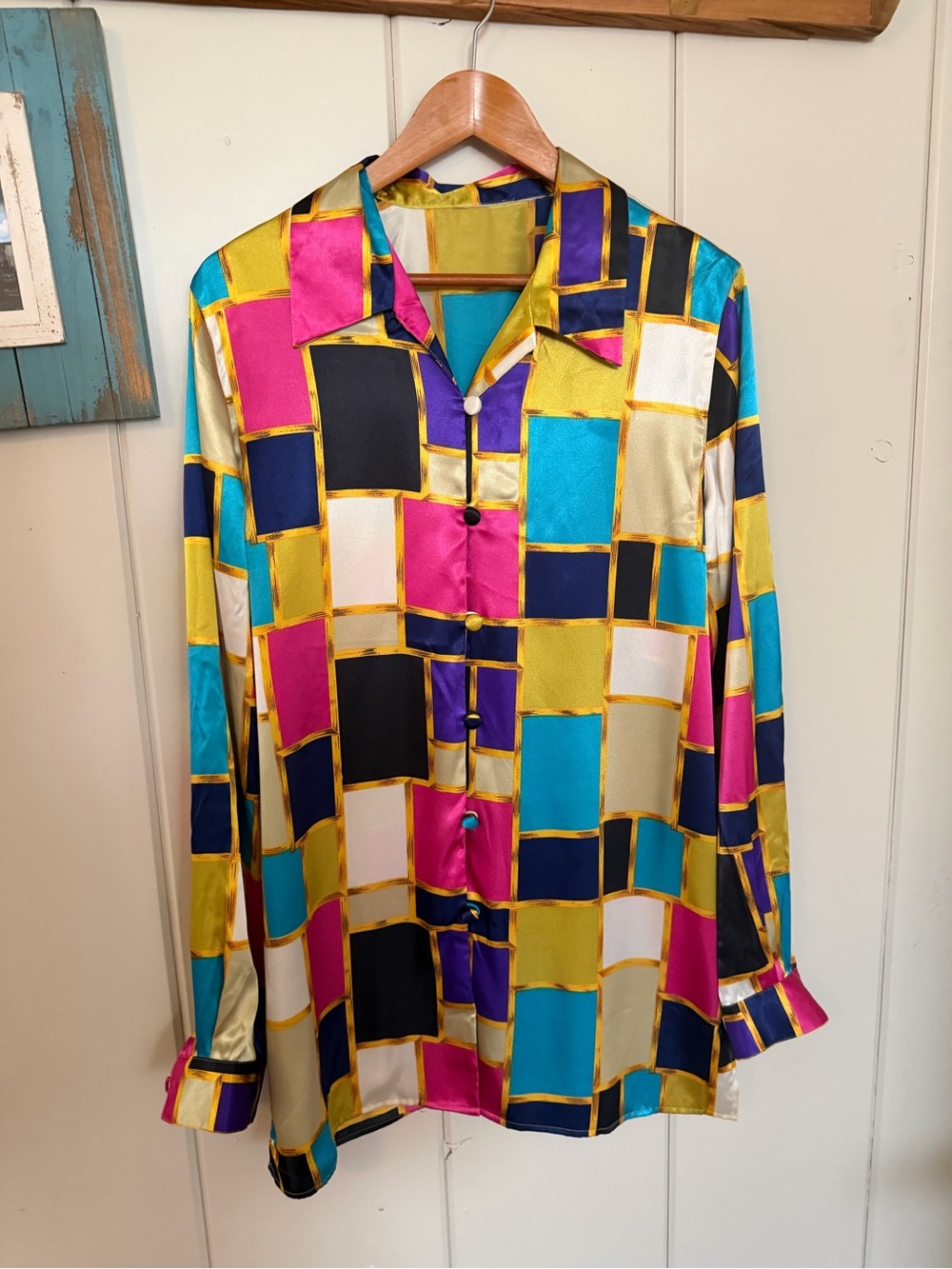 Retro Geometric Colorblock Satin Blouse Womens L 80s 90s Style Longline Tunic
